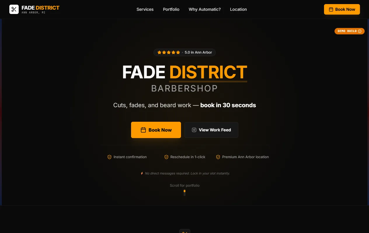 Fade District barbershop demo — booking-first hero with one Book Now CTA