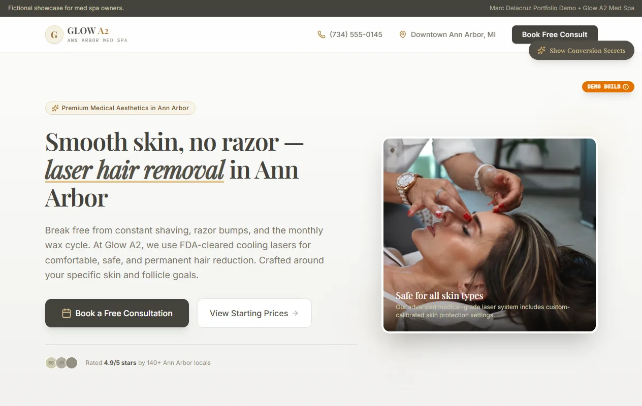 Glow A2 med spa demo — outcome-first hero with published pricing