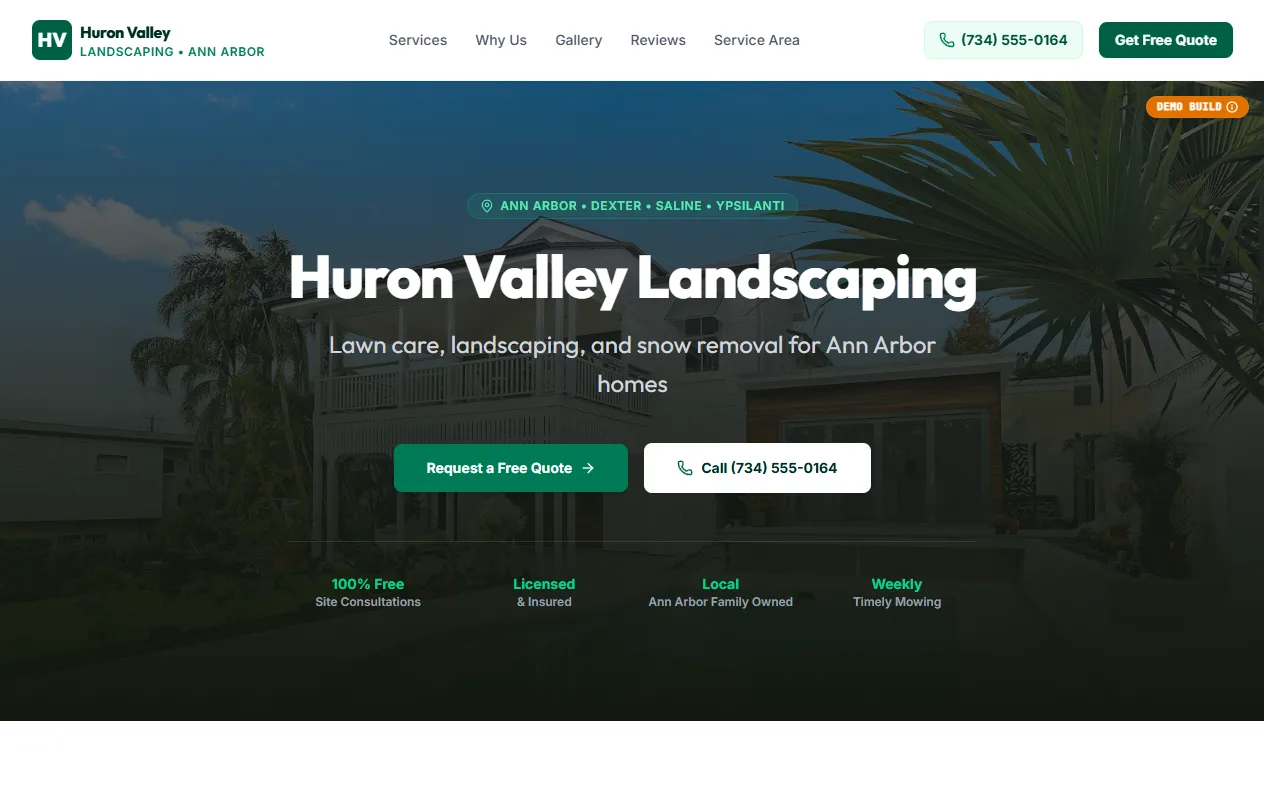 Huron Valley Landscaping demo — hero with free-quote and click-to-call CTAs