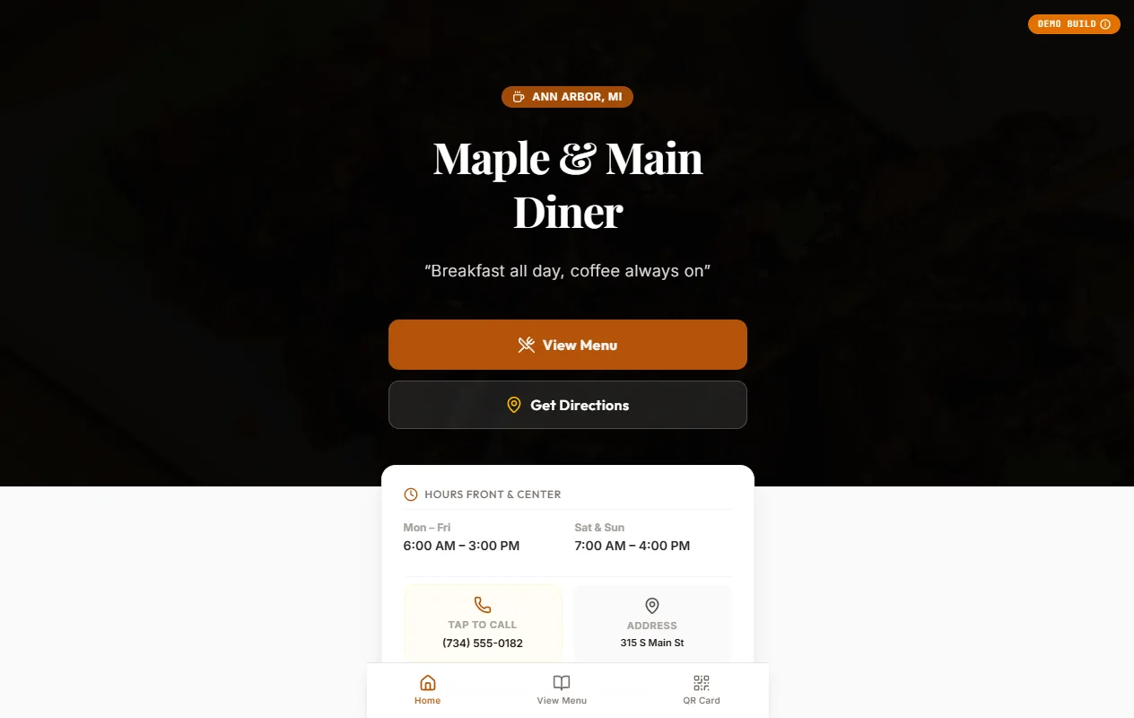 Maple & Main diner demo — mobile-first menu hero with hours front and center