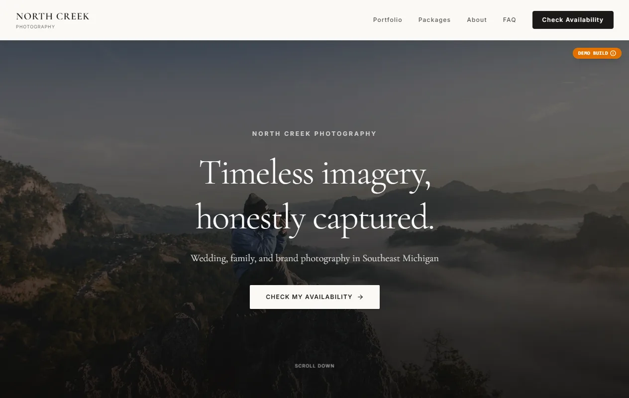 North Creek Photography demo — editorial hero with availability CTA