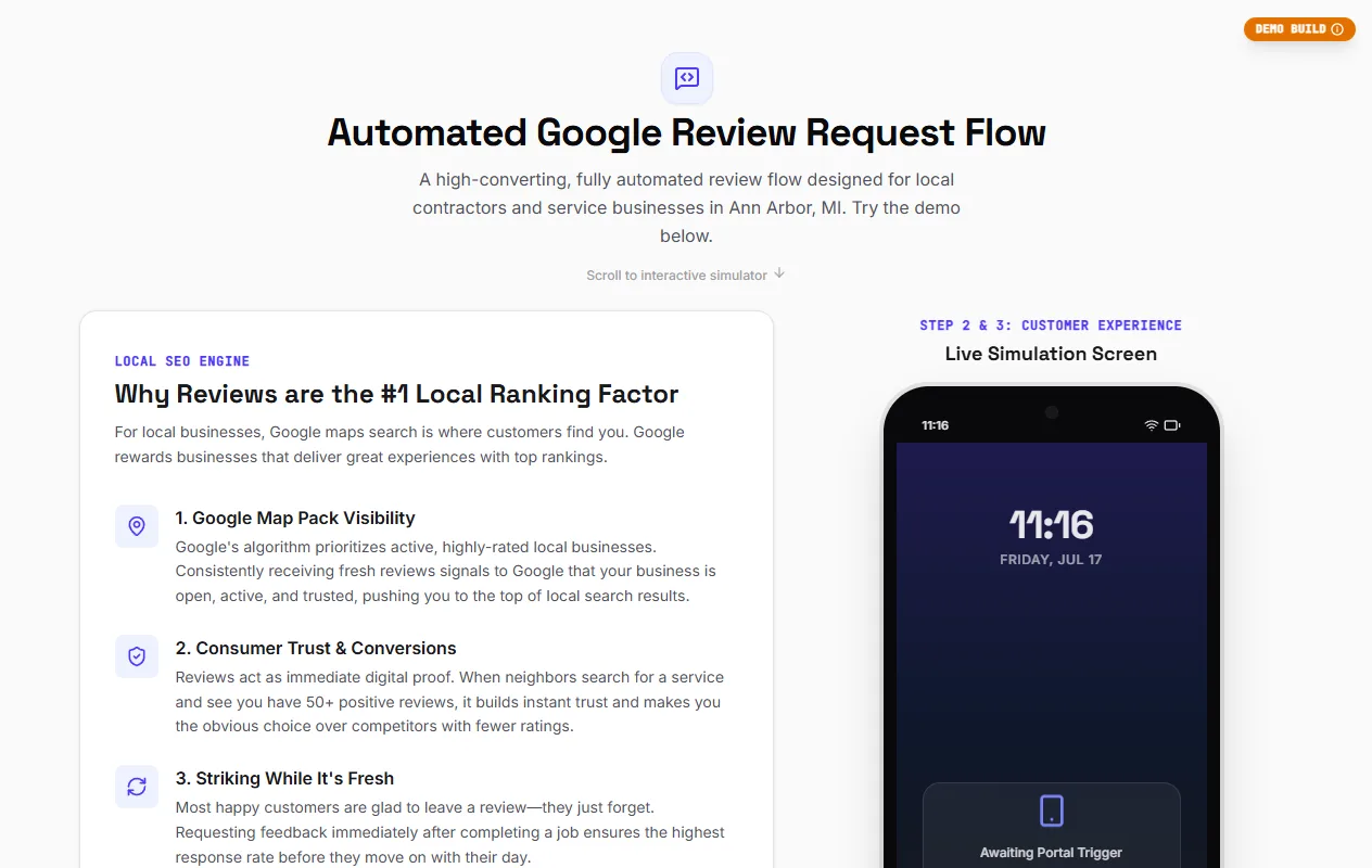 Review Flow simulator — business portal beside an interactive phone mockup